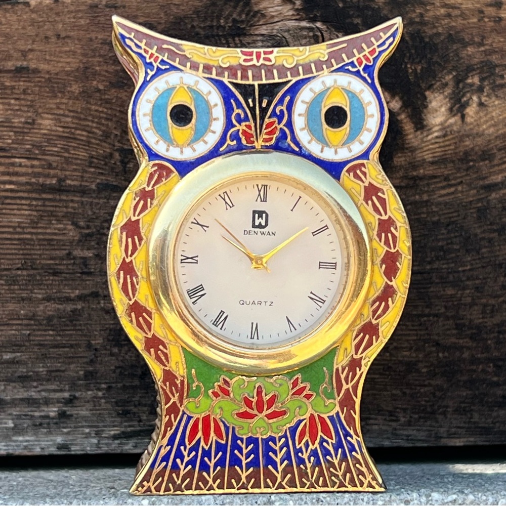 Vintage Cloisonné Owl Figurine Clock – Rare Find – Sold As Is